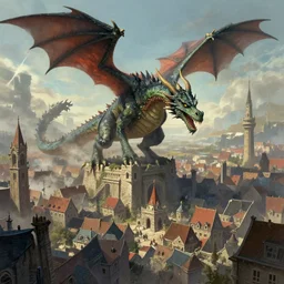 dragon destroying a town, matte painting by greg rutkowski, artstation