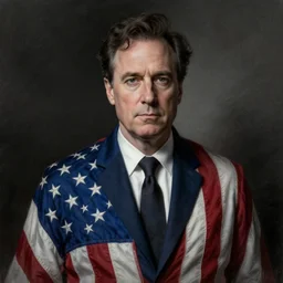 a portrait of stephen colbert dressed in an american flag, stoic, fantasy, intricate, elegant, beautiful, highly detailed, charcoal, centered, dark, smokey, digital painting, artstation, concept art, smooth, sharp focus, illustration, art by artgerm and greg rutkowski and alphonse mucha