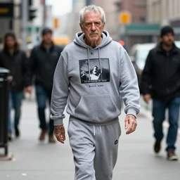 tough looking person with tattoos walking down the street in New York. Older man, sweat suit, award winning photography, high detail, photography by Annie Leibovitz, Ansel Adams, Mary Ellen Mark