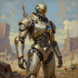 a beautiful oil on canvas of a futuristic afrofuturisticb robot soldier, ornate, detailed, intricate, beautiful, post - apocalyptic landscape in the background, epic sky, vray render, artstation, deviantart, pinterest, sci - fi, afrofuturism, 5 0 0 px models