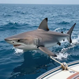 a shark riding the sea attached on a boat with a rope on his fin, epic, hyperdetailed, 4 k, hyperrealistic