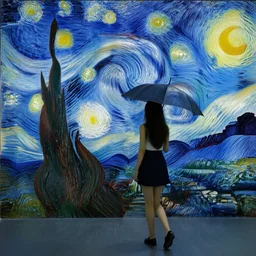 girl with an umbrella girl with an umbrella. a walk inside a van gogh painting is a starry night. inside the painting. see everything from the inside. clearly detailed. dramatic.