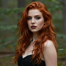 portrait of a model, seductive, red hair, gorgeous makeup, in a forest, helios 85mm