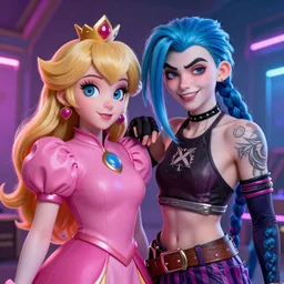 Princess peach mixed with jinx from league of legends with neon lighting, trending on artstation, by WLOP and Joe Benitez