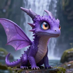 brightly little purple fairy dragon with compound eye waterfall rpg dnd 4 k raytracing high definition detailed realistic dramatic lighting
