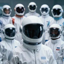 medical, diverse medical cybersuits, clean, helmet view, smooth, visor, macro, biological, clean, wide wide angle, vivid, elaborate, highly detailed, beautiful lighting