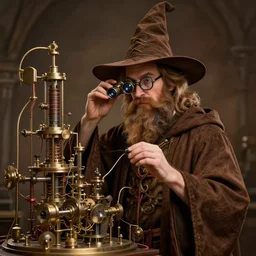 an anthropomorphic beautiful beard male wizard operating a random pointlessly elaborate intricate contraption pneumatic machine portrait, wearing brown hoodie robe, binoculars glasses, wizard hat, fine art, award winning, brown colour scheme, intricate, elegant, sharp focus, octane render, hyperrealistic, wizard hat cinematic lighting, highly detailed, digital painting, 8 k concept art, art by jamie hewlett and z. w. gu, masterpiece, trending on artstation, 8 k