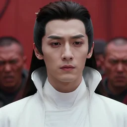portrait of a regal prince with sharp cheekbones, white clothes, high collar, close up, wistful melancholic hopeful expression, super details, angry people behind him furious and red, modern digital art, matte painting, science fiction