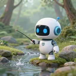 cute robot fishing in the forest stream, concept art, digital art, artstation, 8 k, photorealism, misty landscape