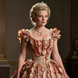 Denmarks queen in a dress made of bacon.