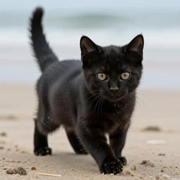 black kitten playing on the beach, realistic 4 k octane beautifully detailed render, 4 k post - processing, highly detailed, intricate complexity, epic composition, magical atmosphere, cinematic lighting, masterpiece, ultra hd