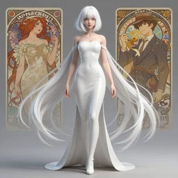 full length complex 3 d hyper realistic smooth ultra sharp render of a gorgeous female short white hair long bangs | art by oh jinwook + 吵 集 仁 儿 on artstaion + takeshi obata + alphonse mucha + jim lee