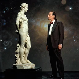the full body shot of salvador dali in the role of emperor of universe seeing the statue of pepe | still frame from the prometheus movie by ridley scott with cinematogrophy of christopher doyle and art direction by hans giger, anamorphic bokeh and lens flares, 8 k, higly detailed masterpiece