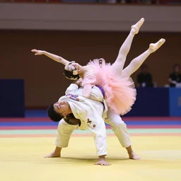 jiu jitsu athlete and a ballet dancer doing an extreme contortion choreography, dance photography, pastel colors palette, sport photography, high detail, panoramic view, foreshortening, natural light