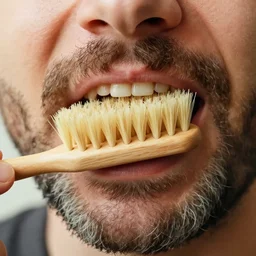 realistic photo of a closeup hairy bearded mouth full with brushwood, 1 9 6 0, life magazine photo, natural colors, metropolitan museum, kodak, 8 k, very detailed, high resolution, product photo