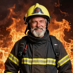 portrait painting of a jolly old man firefighter, background is flames unreal render cinematic lighting art by bussiere rutkowski andreas rocha