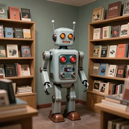 ( ( ( ( ( 1 9 5 0 s retro future android robot bookstore interior. muted colors., ) ) ) ) ) by jean - baptiste monge,!!!!!!!!!!!!!!!!!!!!!!!!!
