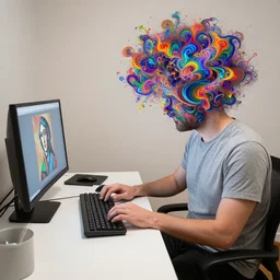 man with grey t - shirt and black pants on working on the computer with a kinesis keyboard with his head exploding into colorful fractal patterns, picasso, 4 k