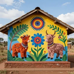hdr flambient luxury photography art of the ndebele tribe in africa, brightly - colored 1 9 9 0 s mural on the side of a traditional ndebele hut depicts cute fluffy animals and psychedelic plants. the colors should be bold and vibrant.
