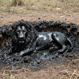 a shiny, black, lion made of tar laying inside the tar pit, full of tar, covered with liquid tar. dslr, photography, realism, animal photography, color, savanna, wildlife photography