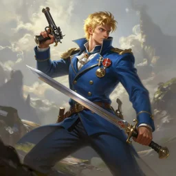 blonde man in a blue suit with medals on it wielding a sword and pistol, fantasy, digital painting, d & d, character by artgerm and ruan jia, landscape by greg rutkowski, volumetric light, intricate, sharp, focus, bloom, illustration, highly detailed, concept art, masterpiece