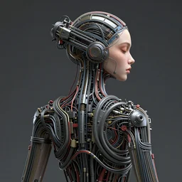 beauty woman made of wires and tubes, very detailed, dramatic lighting, mechanical details, back facing, electrical details, high details, 4k, 8k, trending on artstation, by Hajime Sorayama and Boris Vallejo