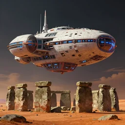 massive futuristic mothership above stonehenge on mars, Mark Ryden style, vivid colors, high details, cinematic, 8k resolution, beautiful detailed, photorealistic, digital painting, dark atmosphere, artstation, concept art, smooth, sharp focus, illustration, fantasy background, artstation trending, octane render, unreal engine