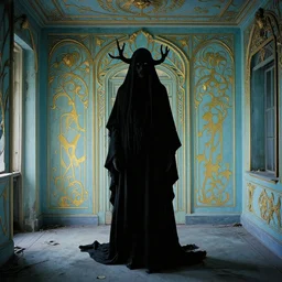 a black nightmare in a blue and gold haunted liminal abandoned room, film still by tarkovsky, limited color palette, very intricate, art nouveau, highly detailed, strong lights, liminal, eerie, bright pastel colors