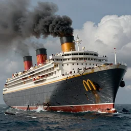 an immense derelict McDonald's brand oceanliner cruise ship with giant golden arches logo, crashed and broken on a deserted island, smoke stacks billowing thick black smoke, dystopian bad vibes, fast food restaurant color scheme, photorealistic, intense clouds, octane render, sharp focus