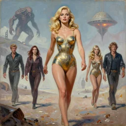 a mixed media painting of one very beautiful blonde woman fleeing from a distant colossus creature on an alien world, elegant, aesthetic!!! symmetrical face and eyes, sixties pinup, photorealistic, curvy by frank frazetta, donato giancola, boris vallejo, greg rutkowski, christian macnevin, high waisted one - piece armor, epic sci - fi character art
