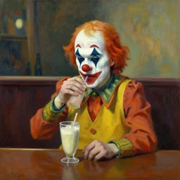 a miserable clown, drinking a smoothie in an empty bar, oil painting by edward hopper