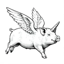 winged flying pig with unicorn horn richard corben style black and white