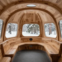 the interior of a 1 9 5 0 s space ship carved out of wood, designed by eero saarinen, trees and snow visible through the windows