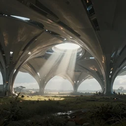 futuristic branching and vaulted fabric structure stretching out across the countryside, beautiful dynamic lighting, cinematic, wide angle establishing shot, extremely high detail, photo realistic, cinematic lighting, post processed, concept art, artstation, matte painting, style by eddie mendoza, raphael lacoste, alex ross, volumetric lighting, light rays, photorealistic, ultrarealistic, moody, coronarender, 8k