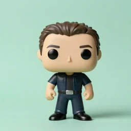 A Funko pop of akiva shaffer in front of a pastel green background.