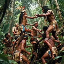 editorial photo of battle in jungle,    aztec and Amazonian climbing onto another and fight, epic, vintage, blood, slight inspiration of Boris vallejo and  apocalypto, war photography