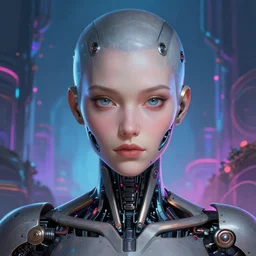 closeup portrait of a cyborg in a scenic dystopian neon environment, intricate, elegant, highly detailed, centered, digital painting, artstation, concept art, smooth, sharp focus, illustration, artgerm, tomasz alen kopera, peter mohrbacher, donato giancola, joseph christian leyendecker, wlop,