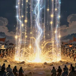 a curtain made of energy standing in the middle of an open battlefield, armies on the left and right, trending on artstation, cgsociety, 8 k, cinematic, unreal engine, octane render, illustration digital painting, sharp focus, art by wlop and greg rutkowski, rule of thirds, golden ratio, ambient lighting