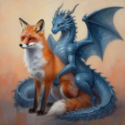 painting of hybrid between fox & dragon!!!!, intercrossed animal, mixture animal, by tiffany bozic, by zdzislaw beksinski, by vladimir kush, cold hue's, warm tone gradient background, concept art, beautiful composition, digital painting