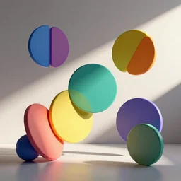 a brightly lit room with various geometric shapes floating around, the shapes might be brightly coloured and have smooth, curved edges, octane render