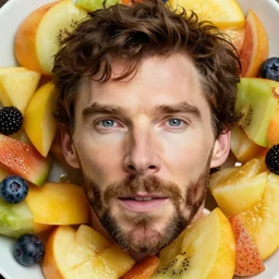 a fruit salad with the face of benedict cumberbatch, macro lens, top view, high quality