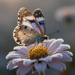 ( butterfly with wings made out of feathers ), drinking from a large beautiful flower, frost, sunrise, macro shot, hyper realism,