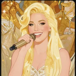 blonde, singer pink, p! nk, art by mucha, happy, portrait, smiling, friendly, bright, clever, knowing, flat colors. champagne, gold, love