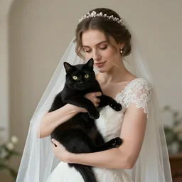 a woman in wedding dress holding a black cat