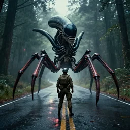 a photo of soldier stand across huge alien arachnoid bug like star troopers movie, old road in the forest lomography photo, playstation 5 screenshot, fine details, rain, rtx reflections, fog, night, photorealistic, unreal engine, octane render, volumetric light, featured on cg society, 4 k, 5 0 mm bokeh
