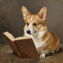 a corgi reading a big book, highly detailed painting by gaston bussiere, craig mullins, j. c. leyendecker 8 k