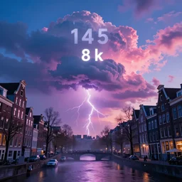 amsterdam with psychedelic clouds in the year 2 1 4 5. 8 k, blue, pink, purple. ambient lightning, haze, fog, glow, sunset, digital art.