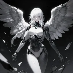 anime art , beautiful cinematic fill body female broken cyborg angel falling apart in pieces, white black fade braided hair, dark light night braided hair, highly intricate detailed, braided hair, advanced digital glitch anime art, concept art, wlop and rossdraws and Sakimimichan