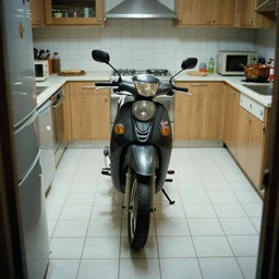 a motorbike standing in the middle of a small kitchen, white tile on the floor, surreal, david lynch style, shot on film, 3 5 mm, cinematic