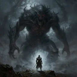 a giant horrifying shadow spirit looming over a lone knight, fantasy horror painting by greg rutkowski and james gurney, trending on artstation, masterpiece, highly detailed, 8 k